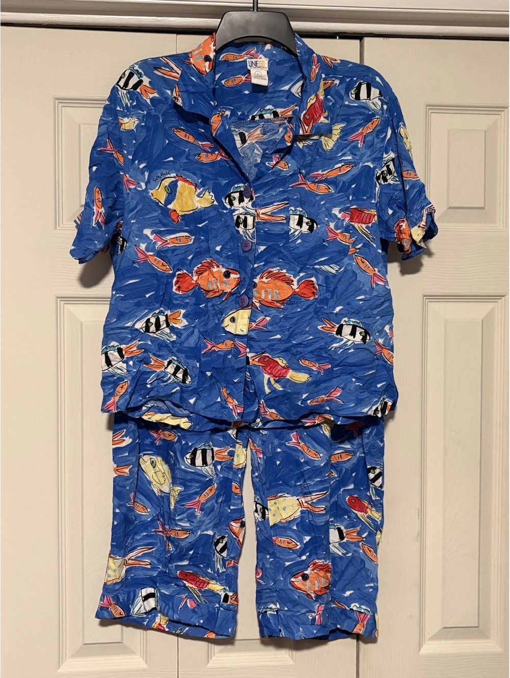 Vintage 1990s Sally Huss Line Two Fish Print Rayon Pant Set Blue Tropical Art